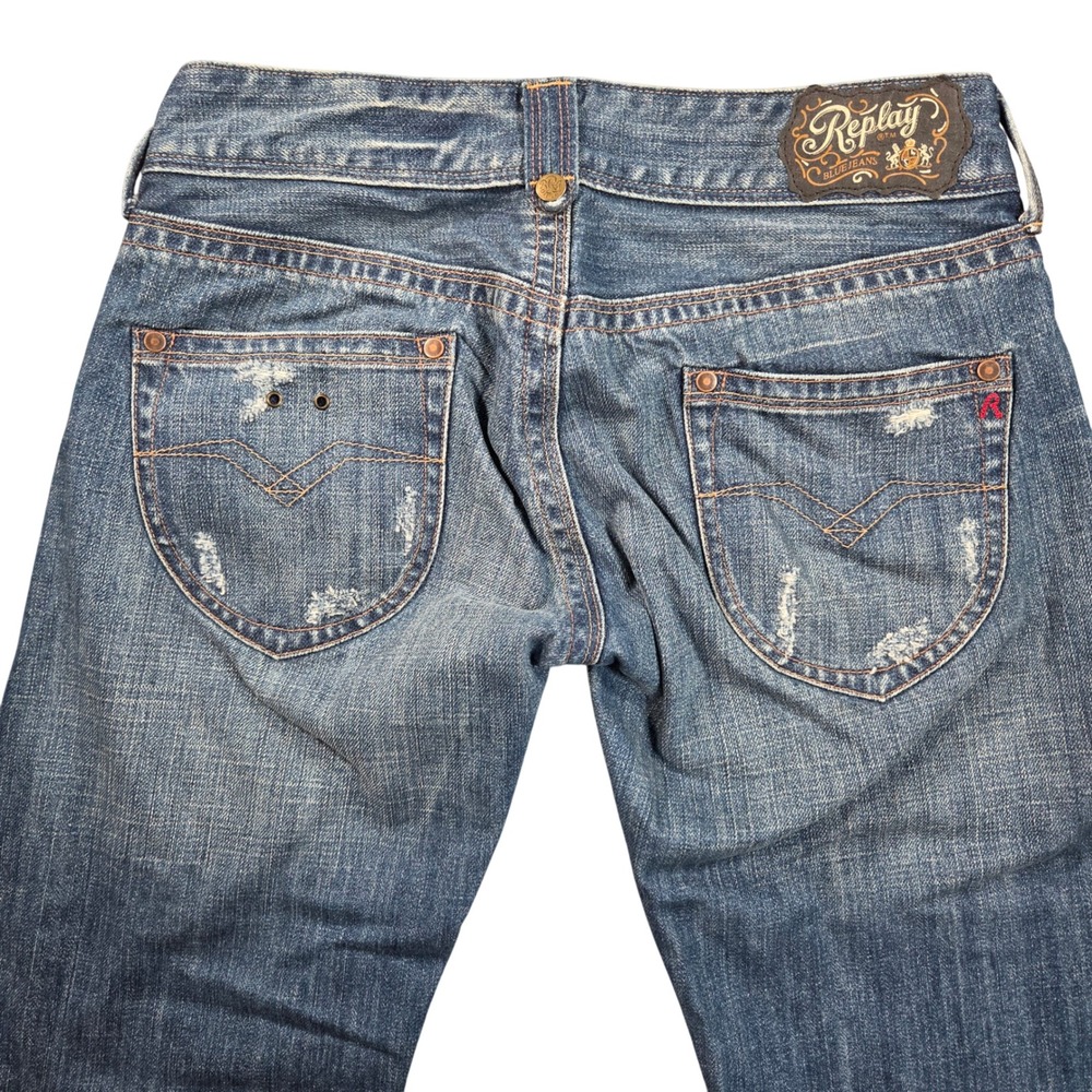 Replay Jeans Mens 28/34 Blue Tagal Distressed Low Rise Wide Leg Medium Wash
